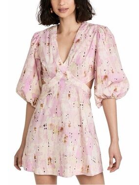 Alexis Pink Watercolor Puff-Sleeve Mini Dress with Cutout